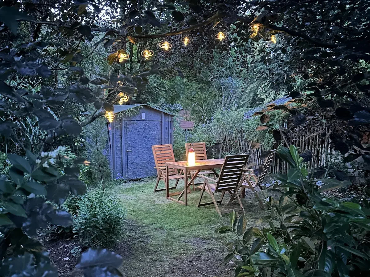 Tuin bij sfeerlicht.